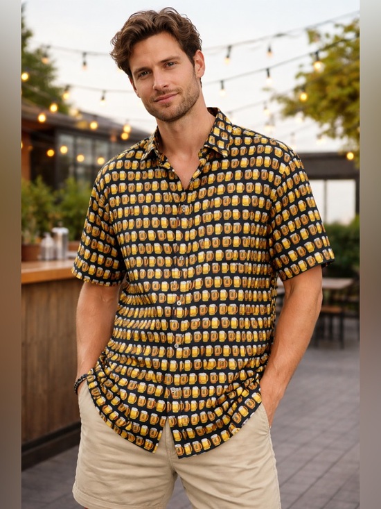 bignd Other - Casual Black Short-Sleeve Button-Down Shirt with Yellow Mug Print